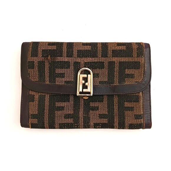 FENDI Zucca  Jacquard Vintage Wallet Flap Front Trifold Brown Leather Italy 6X4 - Picture 1 of 9